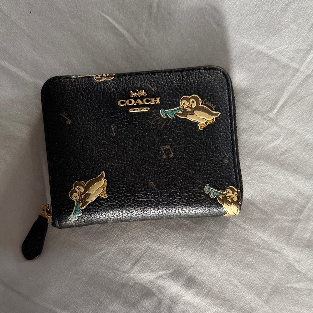 Coach Black Leather Zip Wallet with Gold Duck Motif